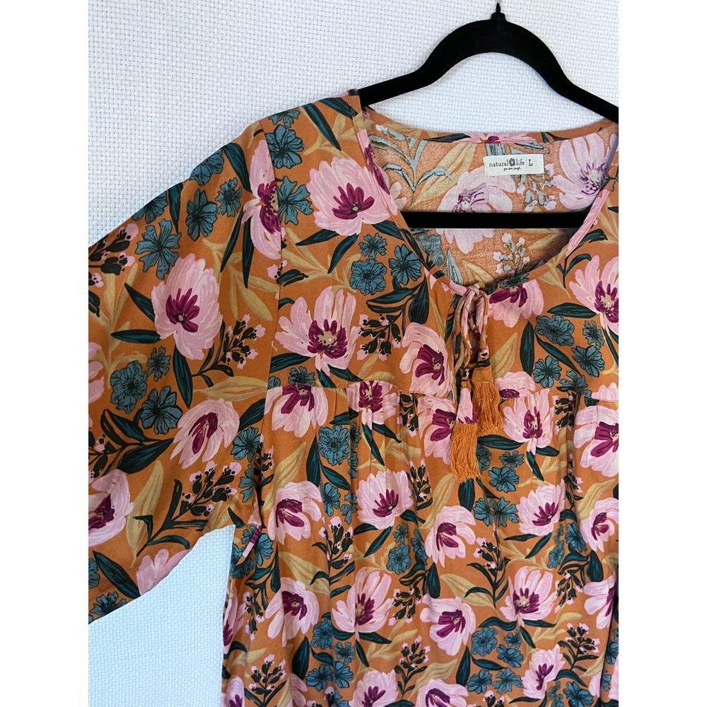 Natural Life Floral Peasant‎ Tunic Top Boho Tassel Accent Rayon Size Large - Picture 3 of 9